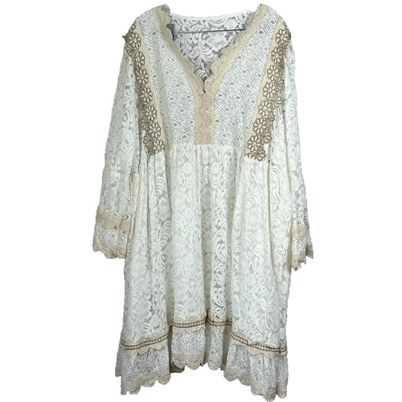 Via Veneto Midi Dress Women's Vintage Ivory Lace V-neck Flare Sleeves Boho Fairy - Picture 1 of 12